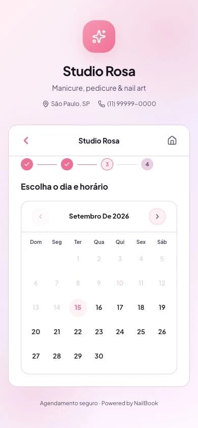Tela real de agendamento do Studio Rosa: escolha do dia e horário no celular.